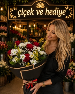 Siyah Tülde5 Adet Kırmızıgül ve Papatyalar