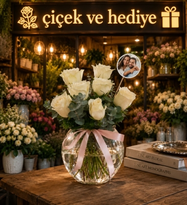 Akvaryum Vazoda 7`li Beyaz Gül