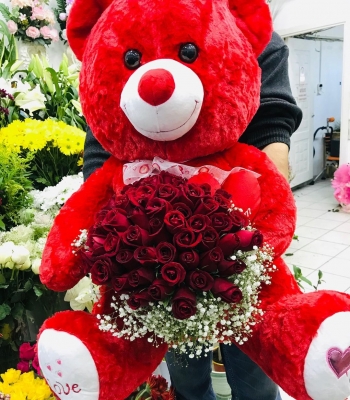 41 Adet Kırmızı Gül ve Kırmızı Peluş Ayı