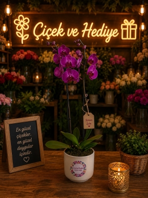 Anneler Günü Stickerlı Saksıda Mor Çiftli Orkide
