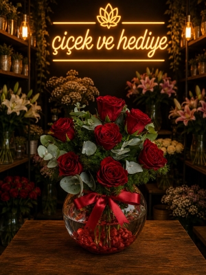 Paşabahçe Akvaryum Vazoda 7 Kırmızı Gül Kayapınar çiçek