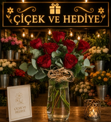 Paşabahçe Vazoda 7`li Kırmızı Gül