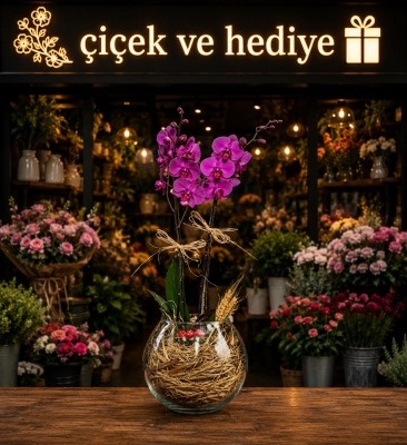 Paşabahçe Cam Fanusta 2 Dal Mor Orkide Çiçeği