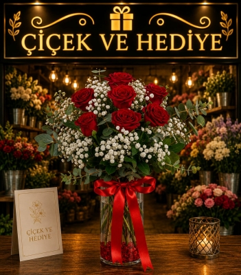 Aşkın Simgesi Kırmızı Güller Silindir cam vazo 7 adet kırmızı gül