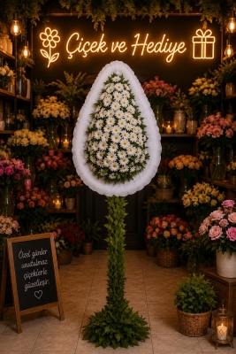 Beyaz Gerbera Sepeti Beyaz gerbera ile hazırlanmış tek katlı açılış ve düğün çelenkleri.