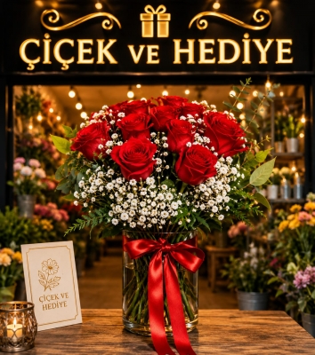 Aşkın Simgesi Kırmızı Güller Silindir cam vazo 9 adet kırmızı gül Dağkapı Çiçek Çikolata