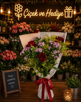 Pembe Gazete Bukette Kırmızı Güller ve Papatyalar