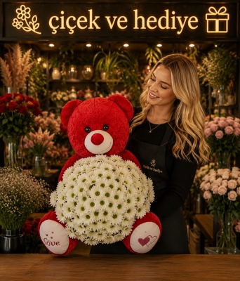 Kırmızı Peluş Ayıcık Ve Papatyalar Çiçek Sepeti