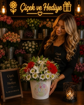 Hoş Geldin Bebek Vazolu Papatya Lilyum ve Gerberalar