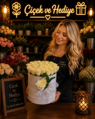 White Box Roses - Kutuda 33 Beyaz Gül
