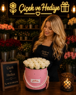 İncili Pembe Kutuda 20`li Beyaz Gül