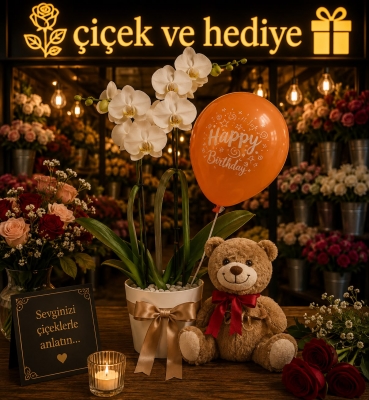 Happy Birthday Balonlu Ayıcık ve Orkide Çiçeği