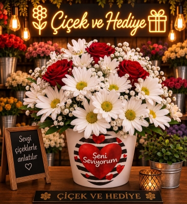 Seni Seviyorum Seramik Vazoda Papatya ve Güller