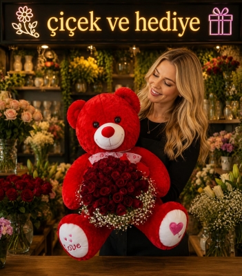 41 Adet Kırmızı Gül ve Kırmızı Peluş Ayı