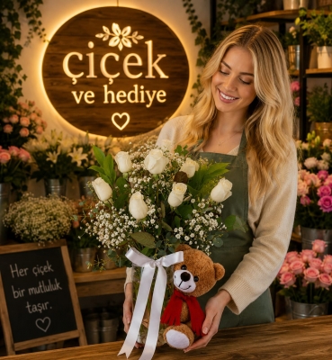 Ayıcıklı Beyaz Gül 7 Adet