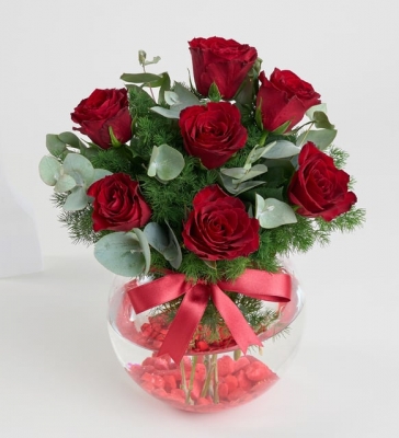 Paşabahçe Akvaryum Vazoda 7 Kırmızı Gül Kayapınar çiçek