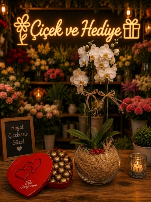 Paşabahçe Cam Fanusta 2 Dal Beyaz Orkide Çiçeği ve Kalp kutu Çikolata