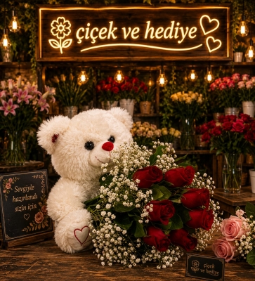 Sevimli Peluş ve 7 Gül Buketi