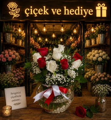 Akvaryum Kürede 4 Kırmızı 5 Beyaz Gül Kayapınar çiçekçi