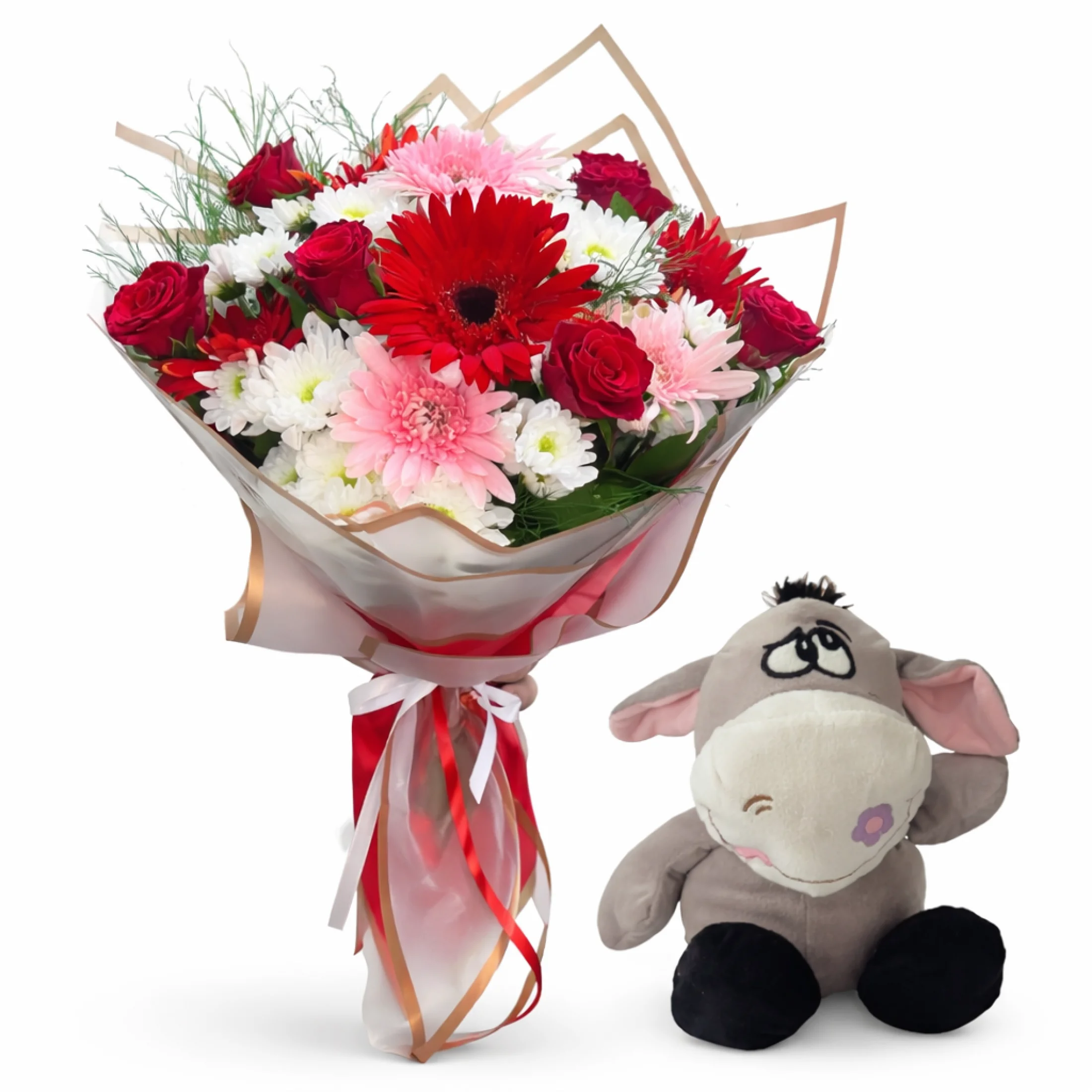 Çiçek Buketi ve Peluş Eşek