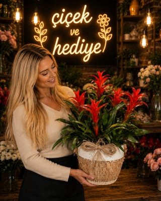 Geometrik Çizgi Desenli Saksıda 5`Lı Guzmania
