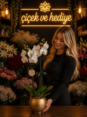 Altın Renkli Akvaryum Saksıda Beyaz Çiftli Orkide