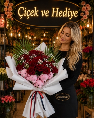 Red Roses & Teddy 21 Kırmızı Güller Ve Sevimli Peluş