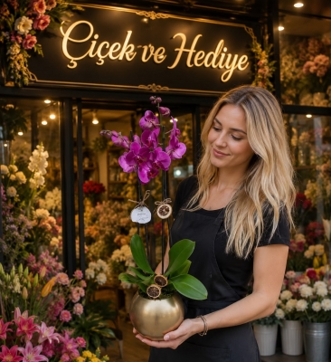 Altın Renkli Saksıda Mor Çiftli Orkide