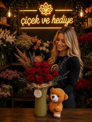 Yeşil Vazoda 13 Kırmızı Güller ve Mutlu Ayıcık