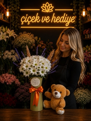 Zeytin Yeşili Vazoda Beyaz Papatyalar&Mutlu Ayıcık