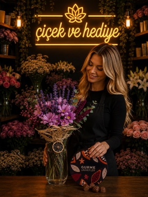 Cam Vazoda Pembe Papatya ve Gurme Çikolata Kutusu