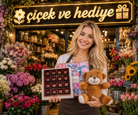 Peluş Ayıcık ve Çiçekli Kutuda Gurme Çikolatalar Diyarbakıra çikolata 