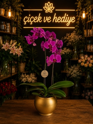 Altın Renkli Saksıda Mor Çiftli Orkide