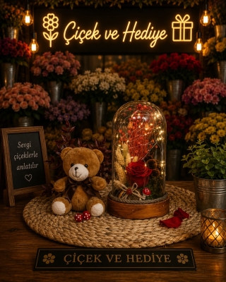 Ters Fanus Işıklı Teraryum Peri Peluş Ayıcıklı Kırmızı Solmayan Gül
