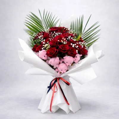 Red Roses & Teddy 21 Kırmızı Güller Ve Sevimli Peluş