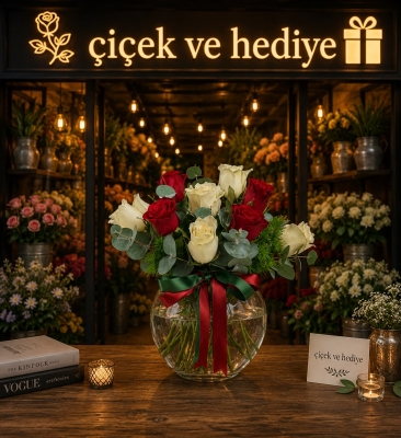 Cam Akvaryumda 4 Kırmızı Gül ve 5 Beyaz Gül