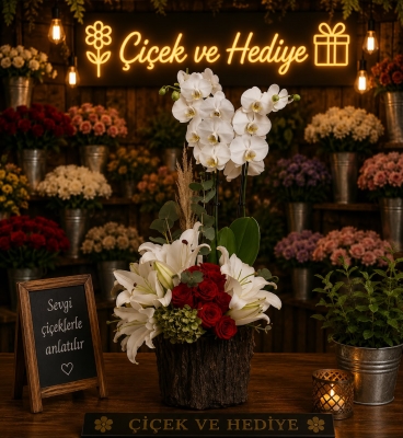 Özel Saksıda 2 Dallı Beyaz Orkide Lilyum Gül Serisi