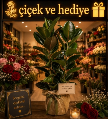 Kauçuk Saksı Çiçeği 2 Dallı Tasarım Süslemeli Açılış Tebrik Çiçeiği İç Mekan