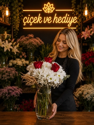 3 Kırmızı Gül ve Papatyalar Paşabahçe Vazoda