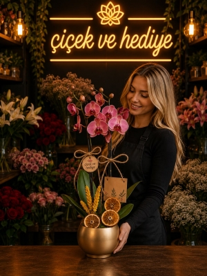 Senin İçin Altın Saksıda Kırmızı Çiftli Orkide