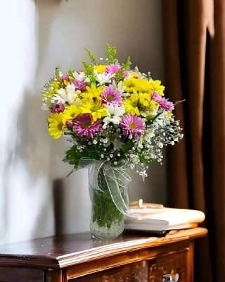 Silindir Cam Vazoda Rengarenk Papatyalar