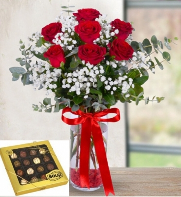 7 Kırmızı Gül (Vazoda) çikolata Kayapınar Çiçekçi