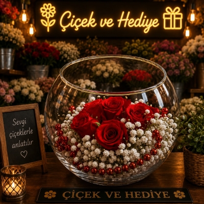 Paşabahçe Akvaryum Vazoda 7 Kırmızı Gül