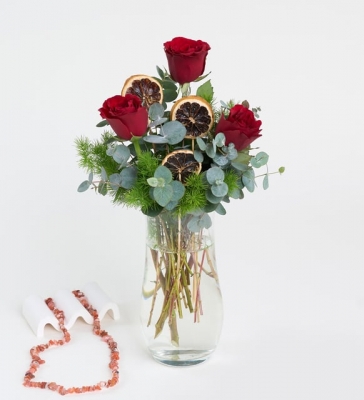 Kristal Silindir Cam Vazoda 3 Kırmızı Gül