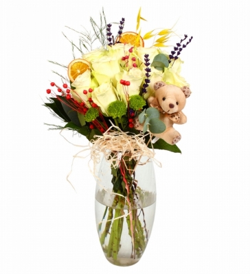 Mini Ayıcık11` Beyaz Gül Vazosu