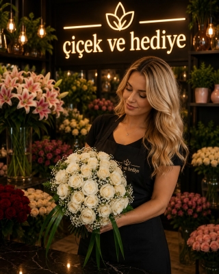 Mutlu Günler Beyaz Gül Gelin Buketi Çiçeği