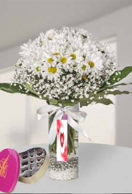 Cam Vazo İçerisinde Papatya Ve Spesiyal Çikolata