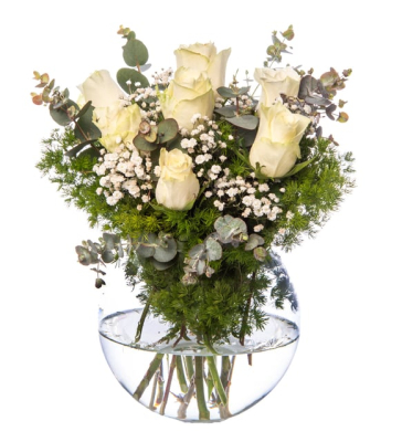 Paşabahçe Akvaryum Vazoda 7`li Beyaz Gül Aranjmanı