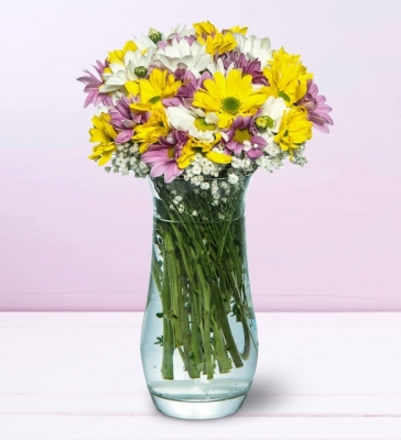 Paşabahçe Vazoda Renkli Papatyalar Çiçek Aranjmanı