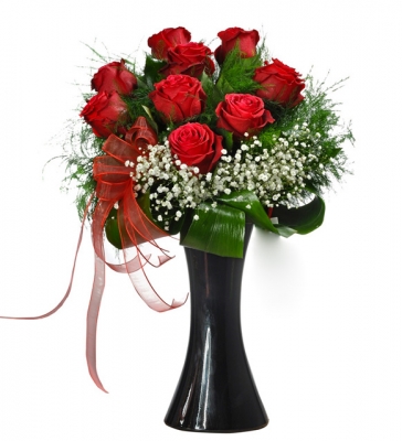 Siyah Kalipso Vazoda 9 Kırmızıgül